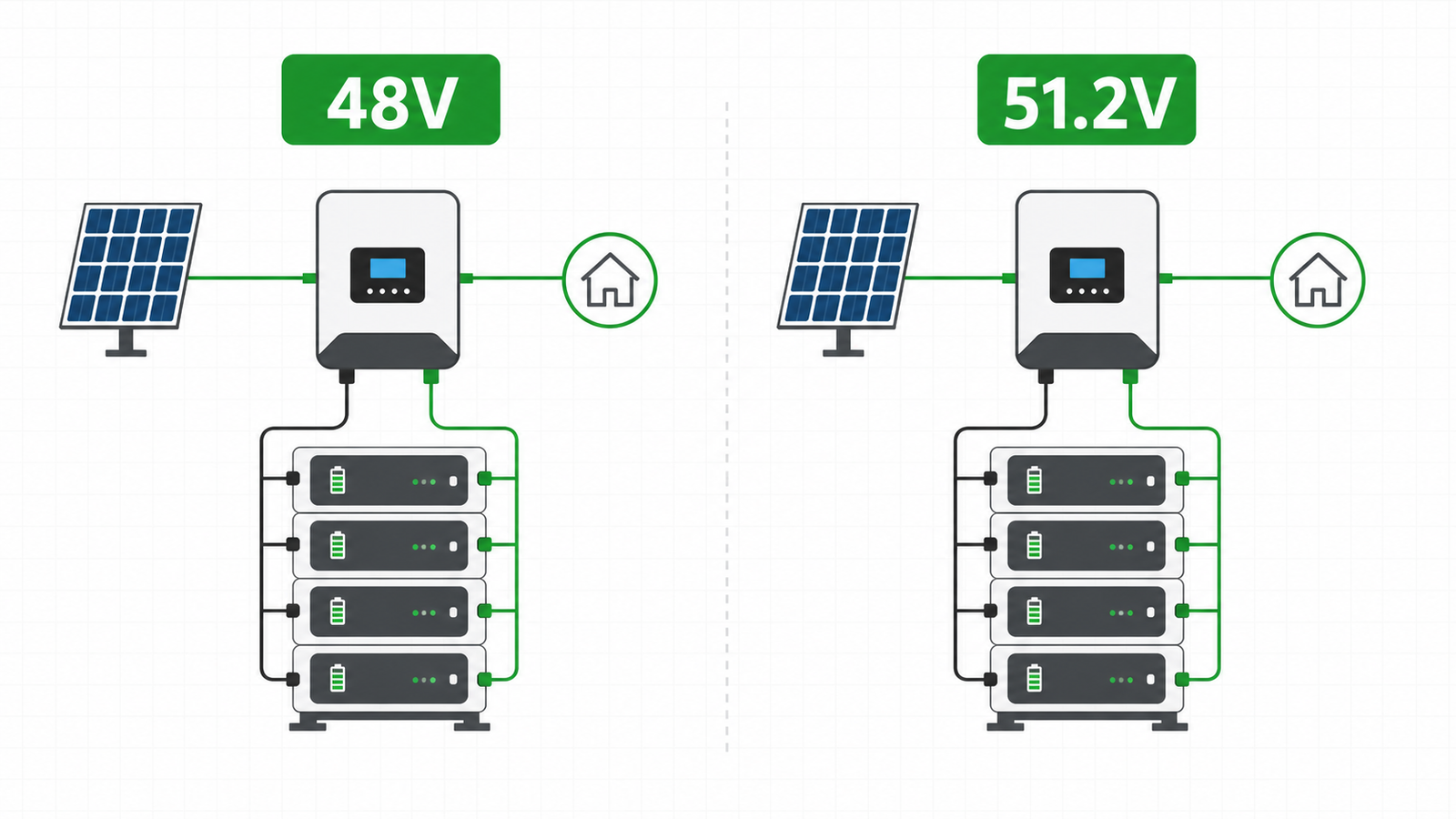 48V vs 51.2V LiFePO4 battery comparison diagram for solar energy storage