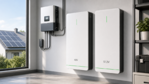48V and 51.2V LiFePO4 battery systems installed beside a hybrid inverter for solar storage